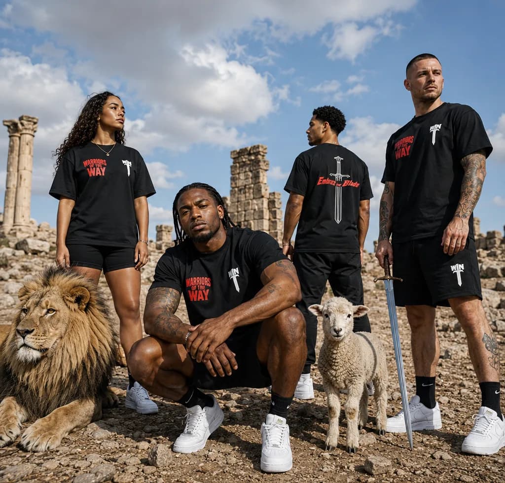 The Warriors of the Way collective across broken stone, a lion at one end of the line and a lamb at the other