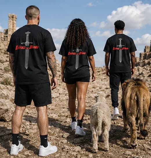 Three athletes walking away over the rocks, the lamb and the lion following behind them